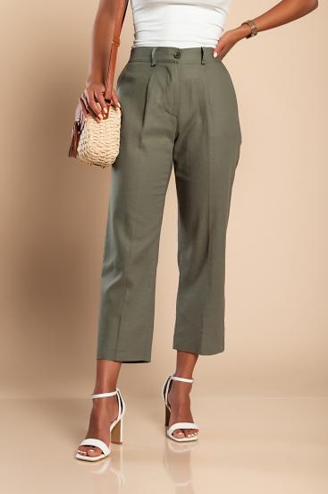 Elegantní plátěné kalhoty, olivově zelené